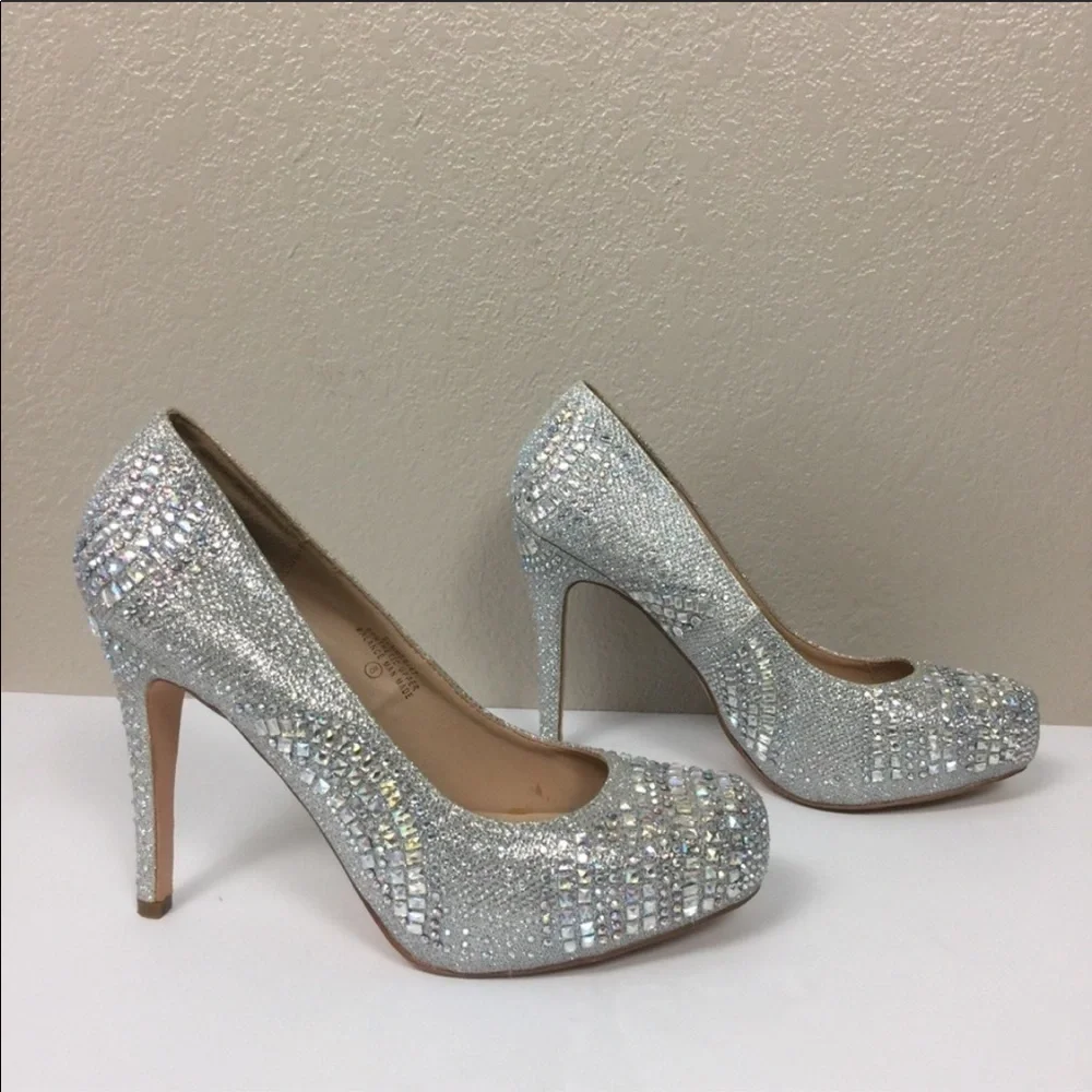 Silver Rhinestone Bling Platform Stilettos Size 8
